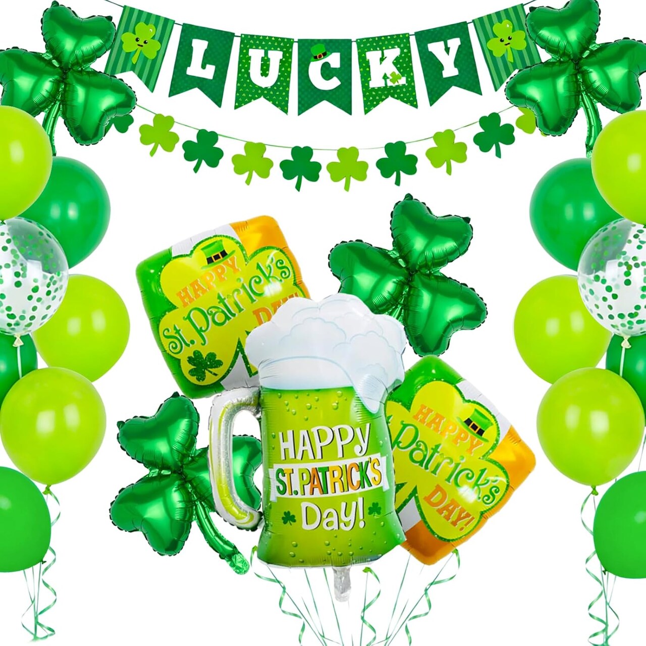 St. Patrick’s Party Supplies: 47-Piece Shamrock Garland & Balloon Decoration Set – Green & Dark Green Balloons, Banners for Irish St. Patrick’s Day Party